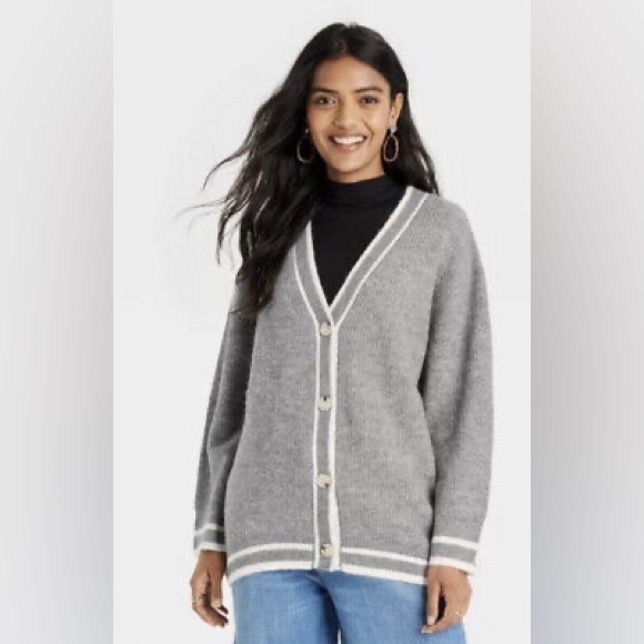 a new day Sweaters - Oversized Med Gray White Striped Jacket V-neck Rib Knit Button Cardigan Sweater